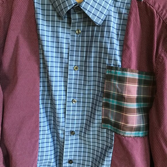 Upcycled Patchwork Button-Down Shirt, Size M-L: Boho Blue Purple Polka Dot Top - Picture 6 of 15